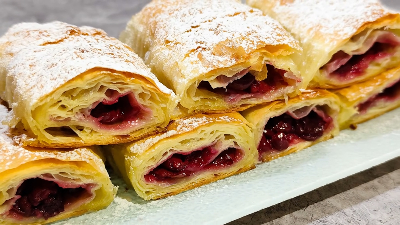 Sočna pita sa višnjama sa hrskavim slojevima testa, posuta šećerom u prahu